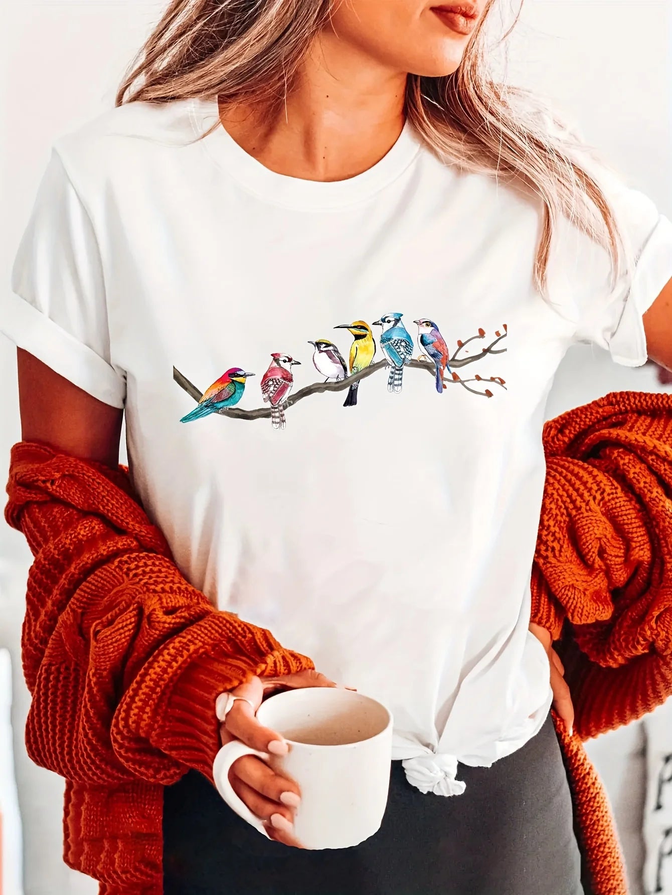Birds Print Crew Neck Short Sleeve Casual T-Shirt