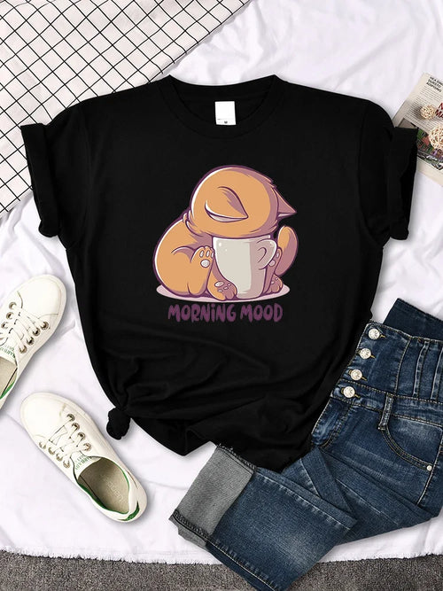 Funny Cat Printed Crewneck T-Shirt