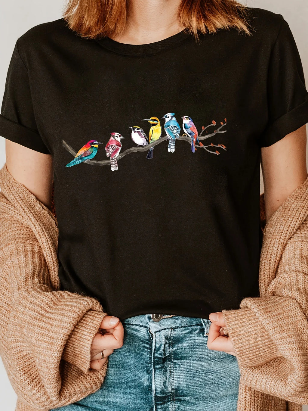 Birds Print Crew Neck Short Sleeve Casual T-Shirt